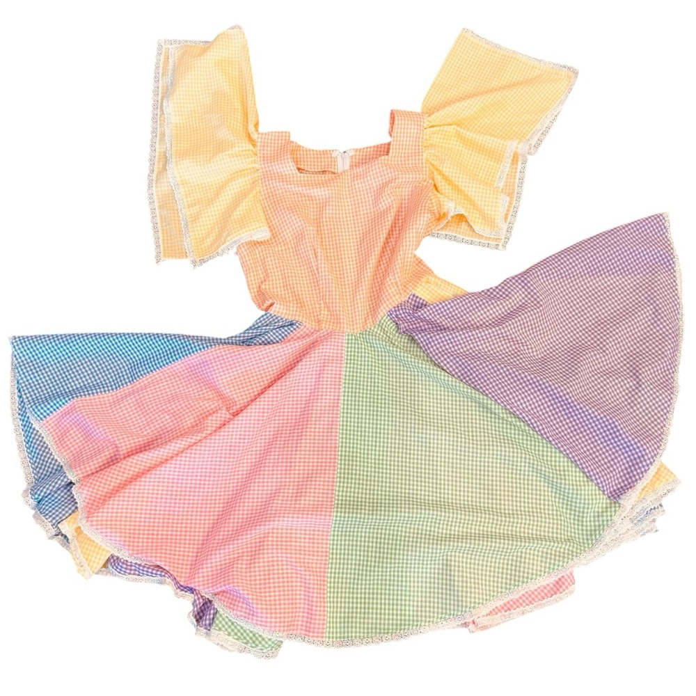 Vintage 70s Colorful Square Dance Full Circle Rockabilly Angel Sleeve Dress M